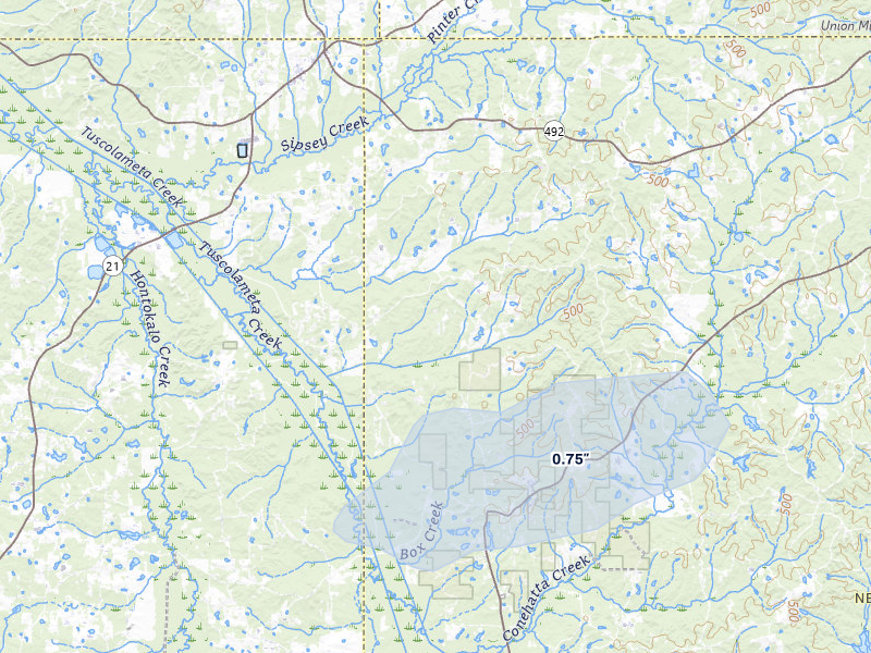 NEXRAD radar-signature map of the hail storm over Conehatta, MS on Jul 5, 2026