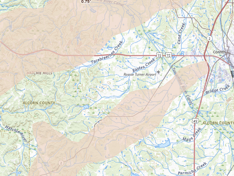 Radar-estimated hail-size map of the storm over Corinth, MS on Mar 15, 2026