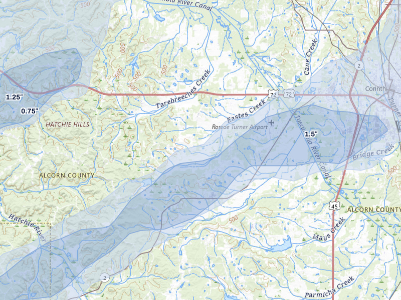NEXRAD radar-signature map of the hail storm over Corinth, MS on Mar 15, 2026