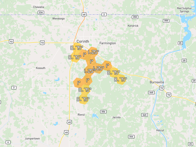 Hail map of Corinth, MS on Jun 1, 2026, hail up to 1.25"