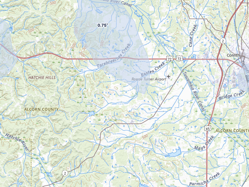 NEXRAD radar-signature map of the hail storm over Corinth, MS on Jul 1, 2026