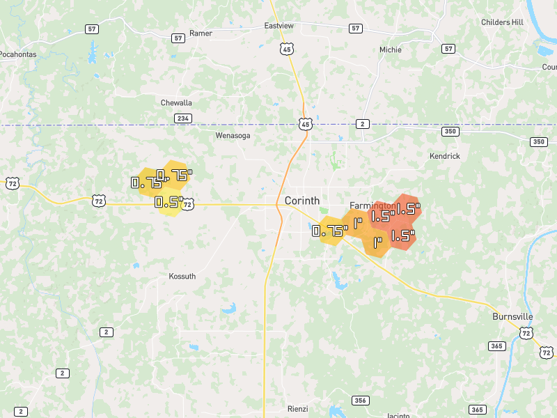 Hail map of Corinth, MS on Jul 1, 2026, hail up to 1.5"