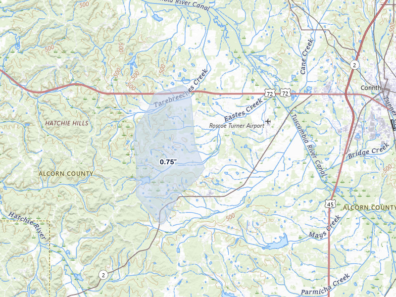 NEXRAD radar-signature map of the hail storm over Corinth, MS on Jul 3, 2026