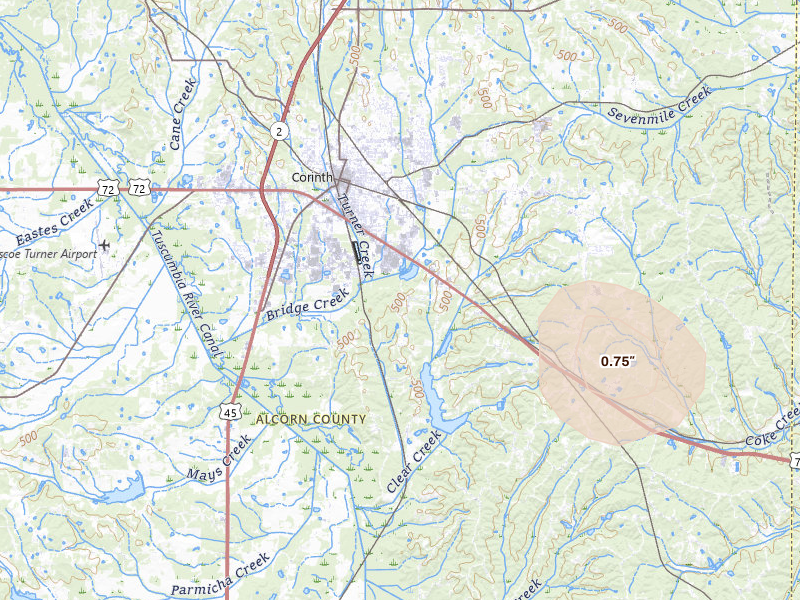 Radar-estimated hail-size map of the storm over Corinth, MS on Jul 18, 2026