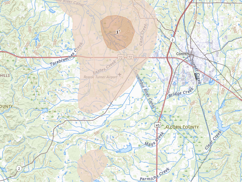 Radar-estimated hail-size map of the storm over Corinth, MS on Aug 9, 2026