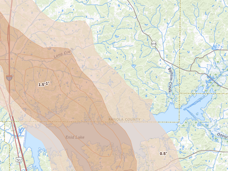 Radar-estimated hail-size map of the storm over Courtland, MS on Aug 22, 2026