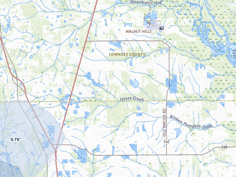 NEXRAD radar-signature map of the hail storm over Crawford, MS on Jul 9, 2026
