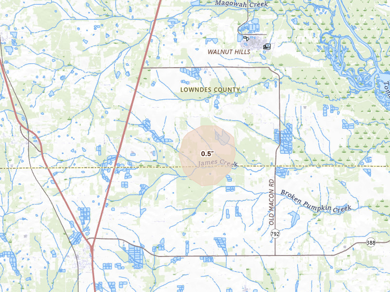 Radar-estimated hail-size map of the storm over Crawford, MS on Aug 9, 2026