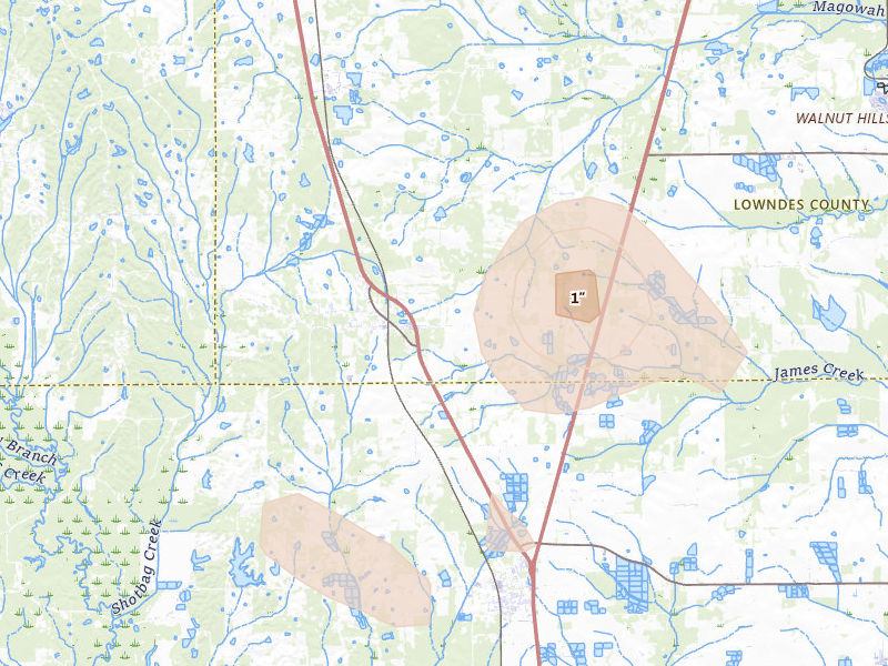 Radar-estimated hail-size map of the storm over Crawford, MS on Aug 19, 2026