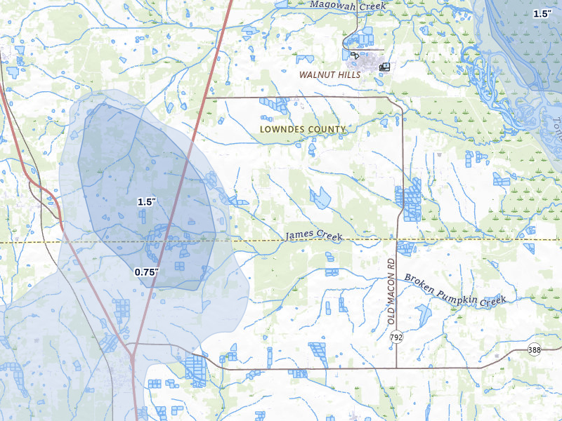 NEXRAD radar-signature map of the hail storm over Crawford, MS on Aug 19, 2026