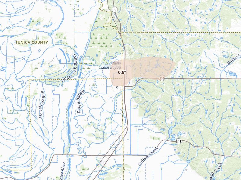 Radar-estimated hail-size map of the storm over Crenshaw, MS on Apr 27, 2026