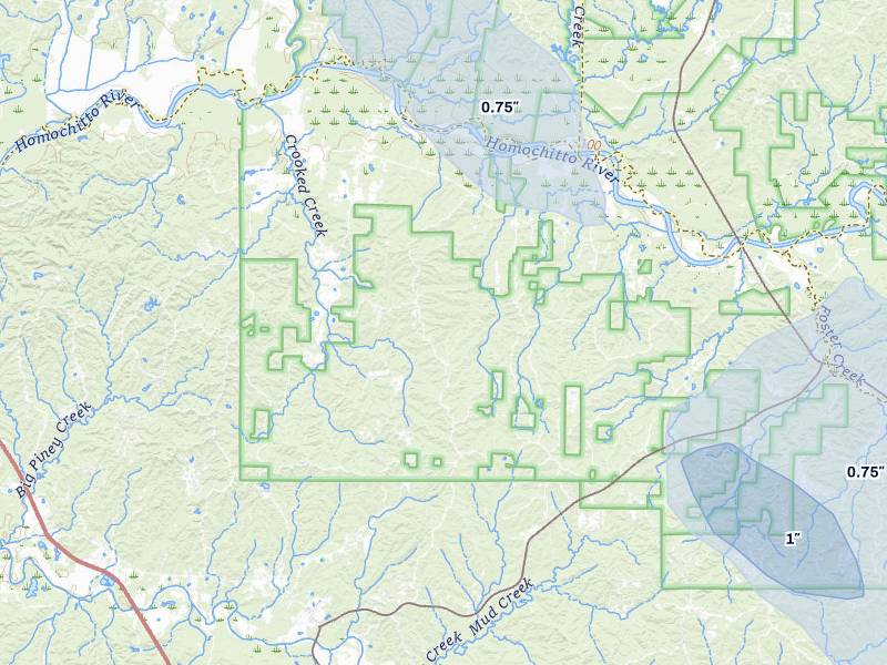 NEXRAD radar-signature map of the hail storm over Crosby, MS on Jul 1, 2026