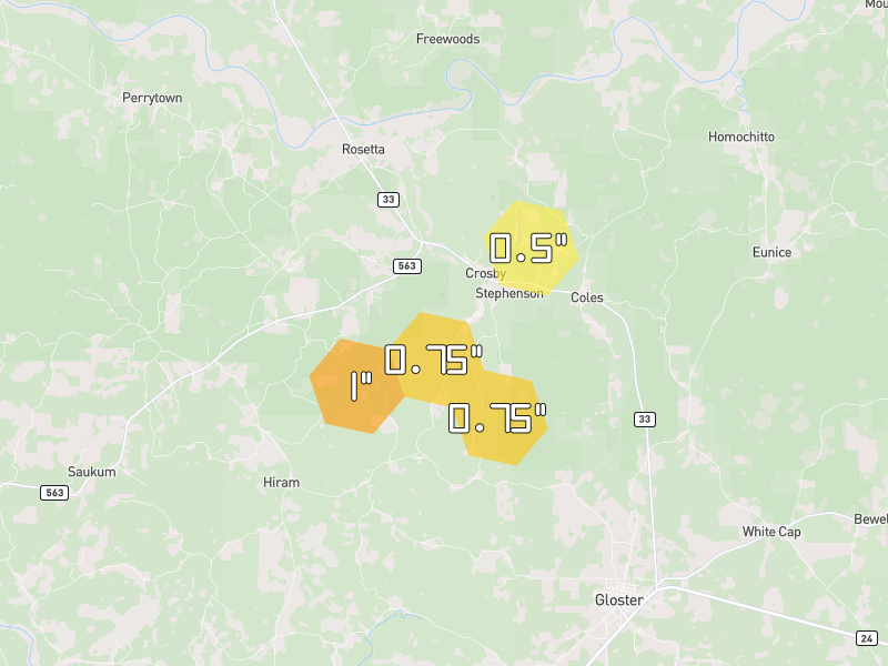 Hail map of Crosby, MS on Jul 1, 2026, hail up to 1"