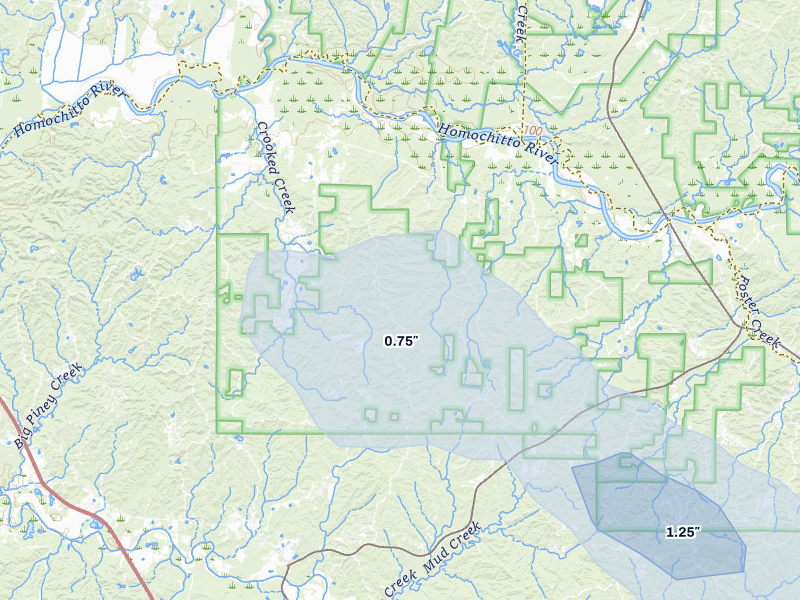 NEXRAD radar-signature map of the hail storm over Crosby, MS on Jul 5, 2026