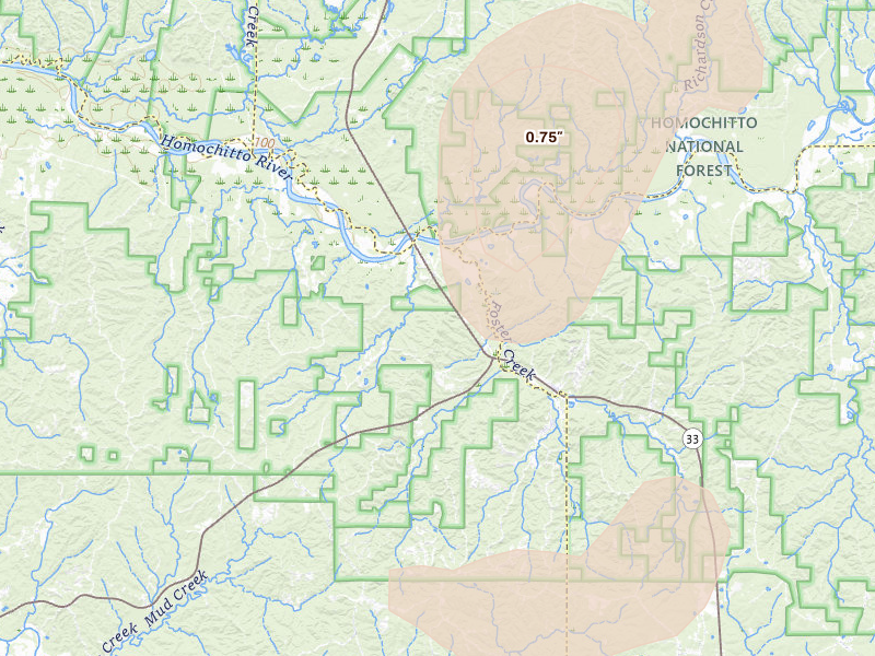 Radar-estimated hail-size map of the storm over Crosby, MS