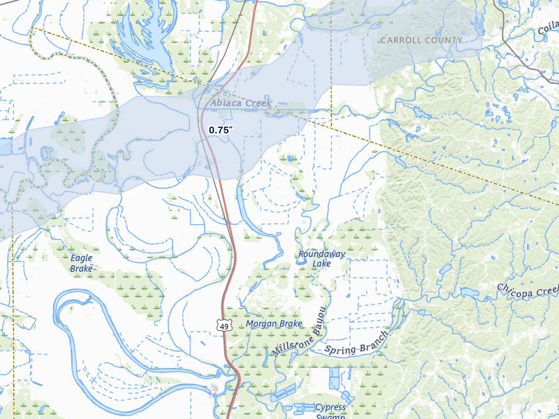 NEXRAD radar-signature map of the hail storm over Cruger, MS on Apr 28, 2026