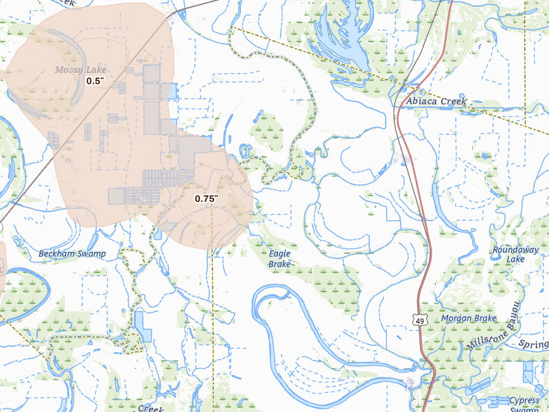 Radar-estimated hail-size map of the storm over Cruger, MS