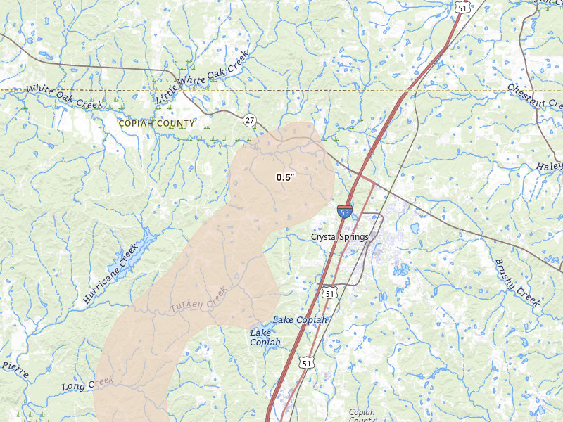 Radar-estimated hail-size map of the storm over Crystal Springs, MS on Mar 7, 2026