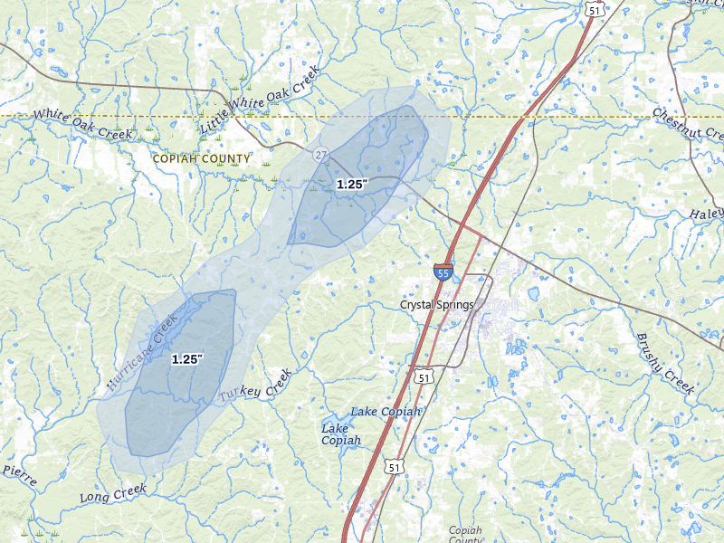 NEXRAD radar-signature map of the hail storm over Crystal Springs, MS on Mar 7, 2026