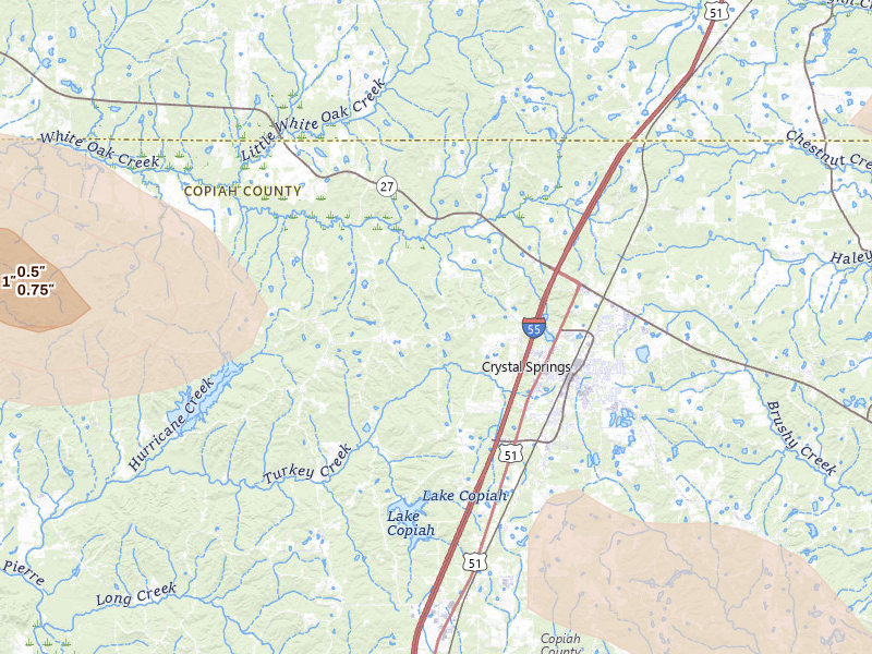 Radar-estimated hail-size map of the storm over Crystal Springs, MS on Apr 24, 2026
