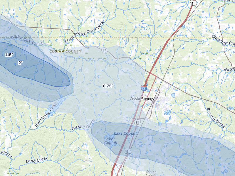 NEXRAD radar-signature map of the hail over Crystal Springs, MS