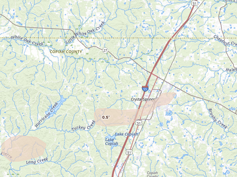 Radar-estimated hail-size map of the storm over Crystal Springs, MS on May 6, 2026
