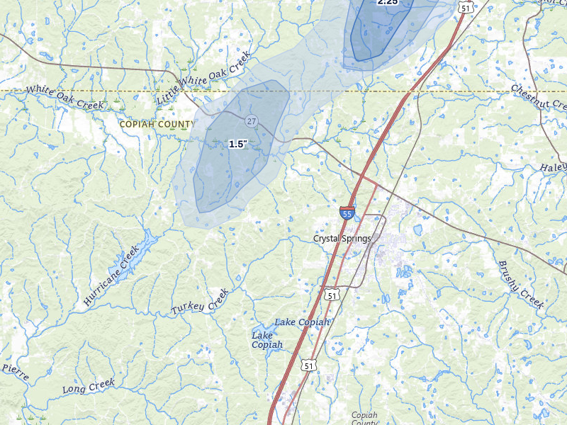 NEXRAD radar-signature map of the hail storm over Crystal Springs, MS on May 17, 2026