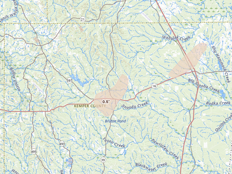 Radar-estimated hail-size map of the storm over De Kalb, MS on Apr 24, 2026