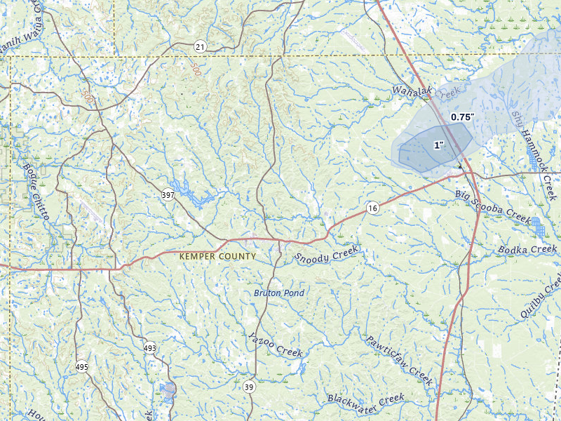 NEXRAD radar-signature map of the hail over De Kalb, MS