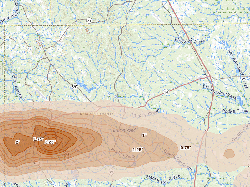 Radar-estimated hail-size map of the storm over De Kalb, MS on May 6, 2026