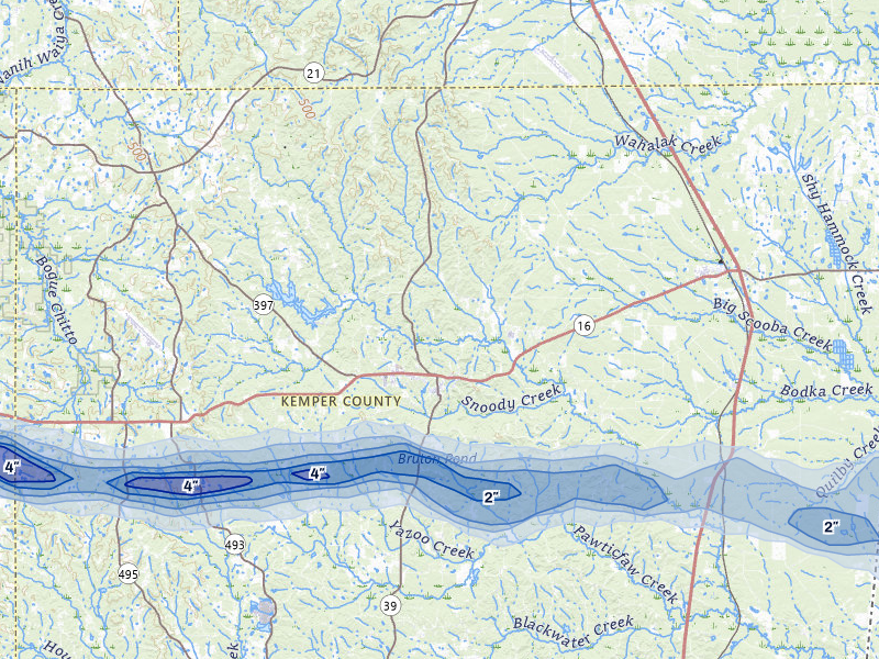 NEXRAD radar-signature map of the hail storm over De Kalb, MS on May 6, 2026