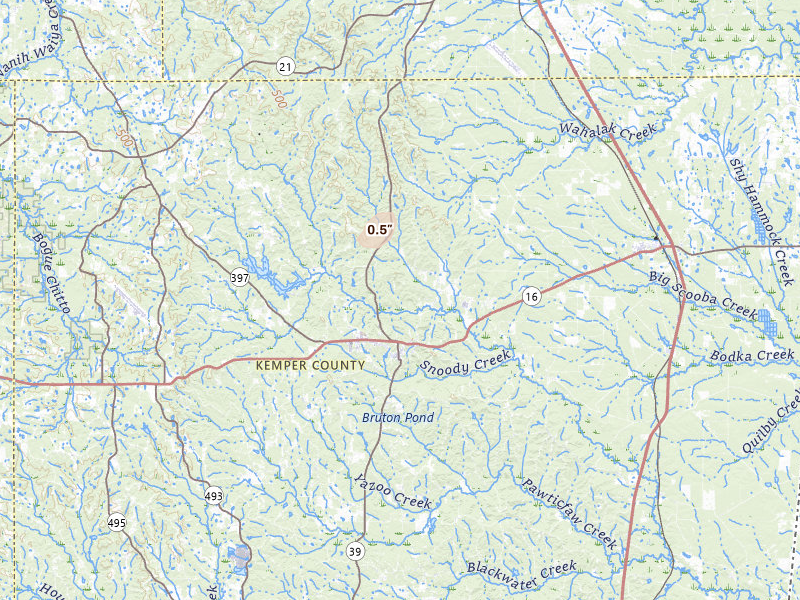 Radar-estimated hail-size map of the storm over De Kalb, MS on May 23, 2026