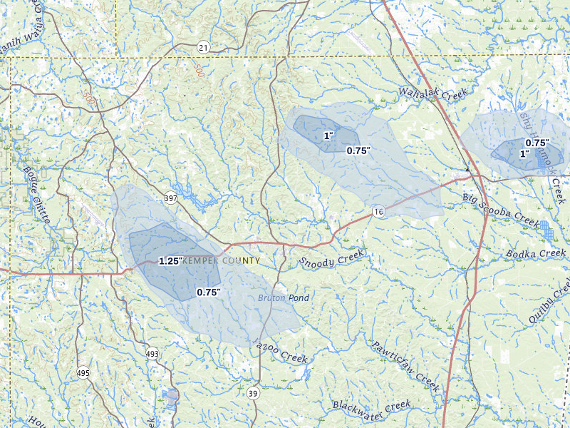 NEXRAD radar-signature map of the hail storm over De Kalb, MS on Jun 1, 2026