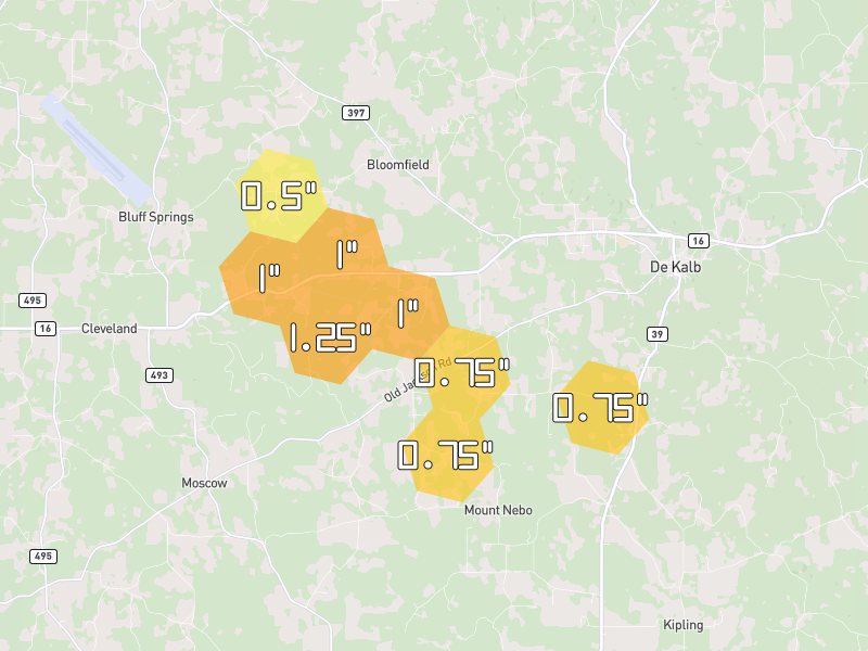 Hail map of De Kalb, MS on Jun 1, 2026, hail up to 1.25"