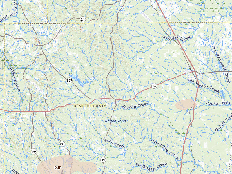 Radar-estimated hail-size map of the storm over De Kalb, MS on Jul 1, 2026