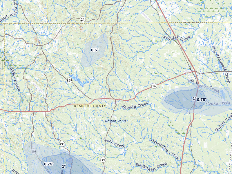 NEXRAD radar-signature map of the hail storm over De Kalb, MS on Jul 1, 2026