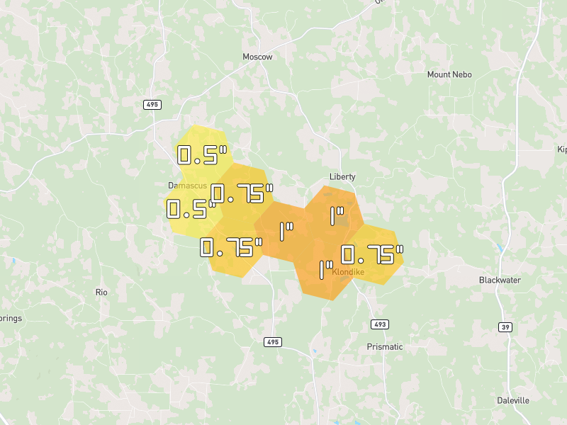 Hail map of De Kalb, MS on Jul 1, 2026, hail up to 1"