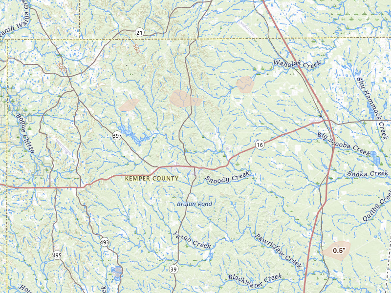 Radar-estimated hail-size map of the storm over De Kalb, MS on Jul 27, 2026