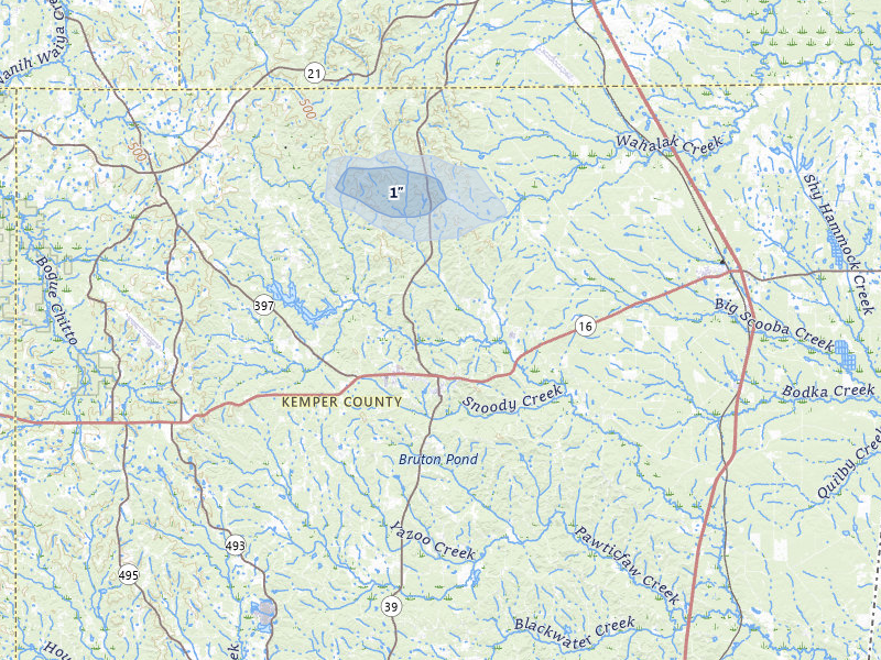 NEXRAD radar-signature map of the hail storm over De Kalb, MS on Jul 27, 2026