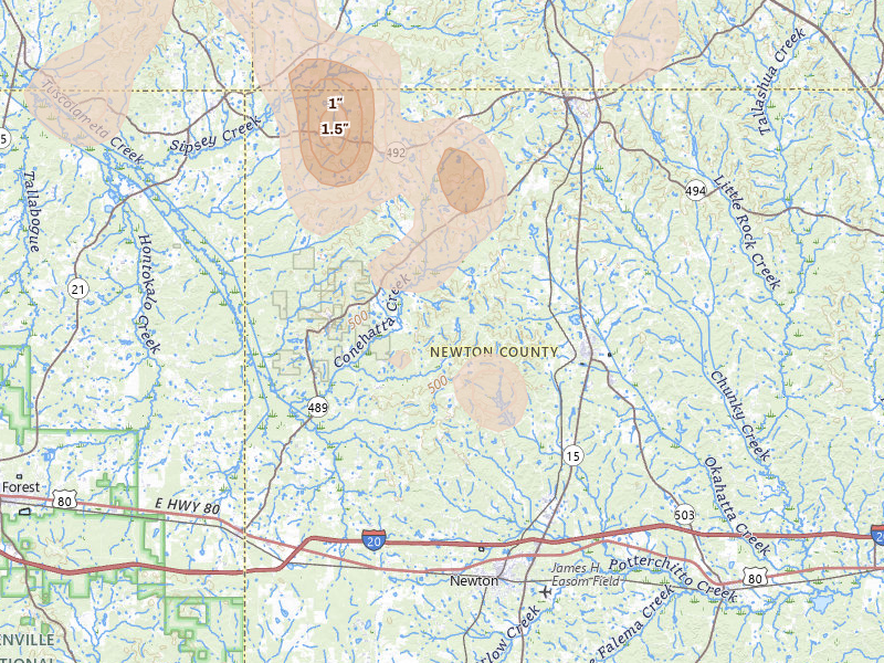 Radar-estimated hail-size map of the storm over Decatur, MS on Aug 20, 2026