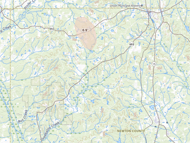 Radar-estimated hail-size map of the storm over Decatur, MS on Aug 21, 2026