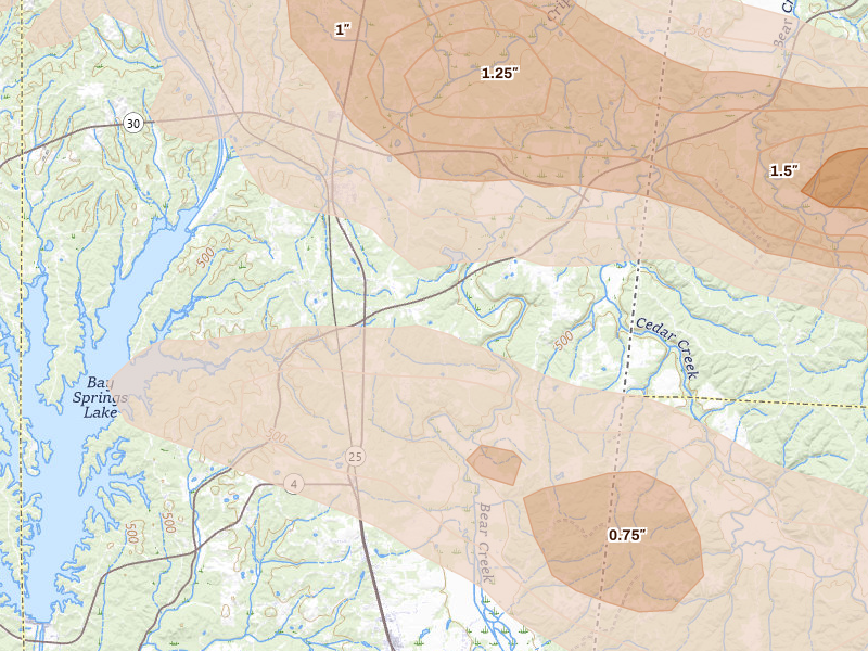 Radar-estimated hail-size map of the storm over Dennis, MS on Feb 26, 2026