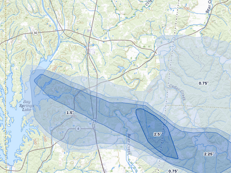 NEXRAD radar-signature map of the hail over Dennis, MS