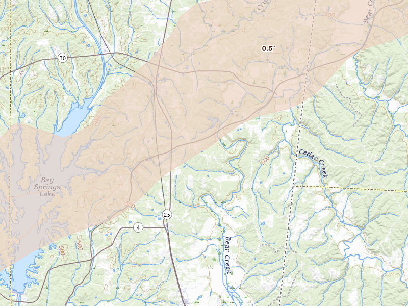 Radar-estimated hail-size map of the storm over Dennis, MS on Mar 15, 2026