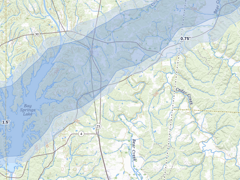 NEXRAD radar-signature map of the hail over Dennis, MS