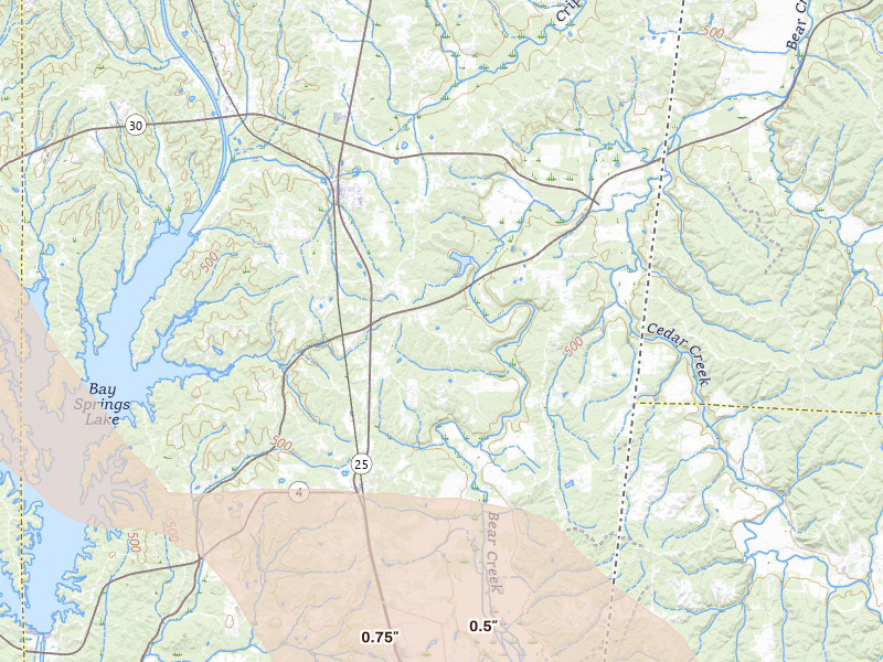 Radar-estimated hail-size map of the storm over Dennis, MS on Jun 1, 2026