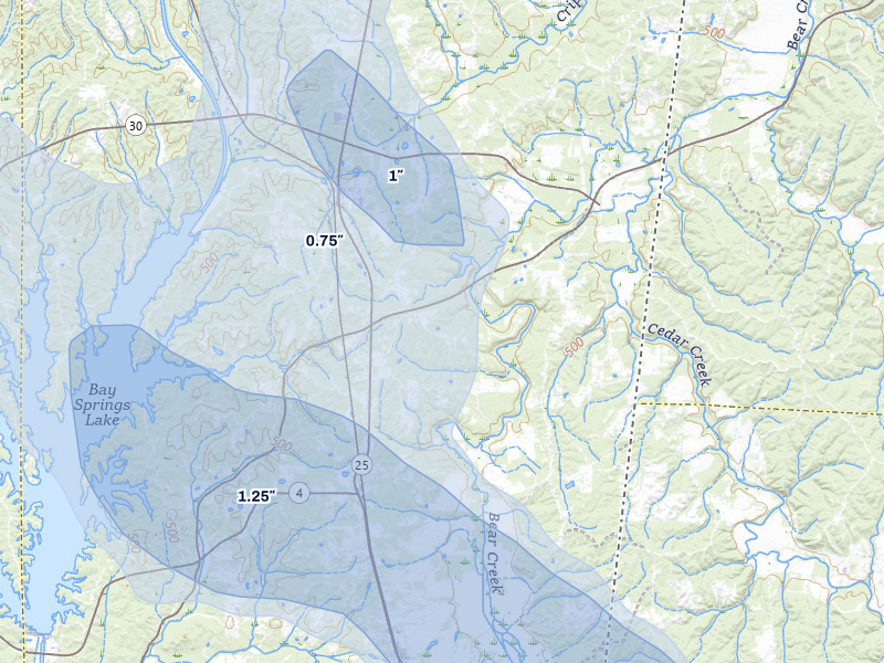 NEXRAD radar-signature map of the hail storm over Dennis, MS on Jun 1, 2026