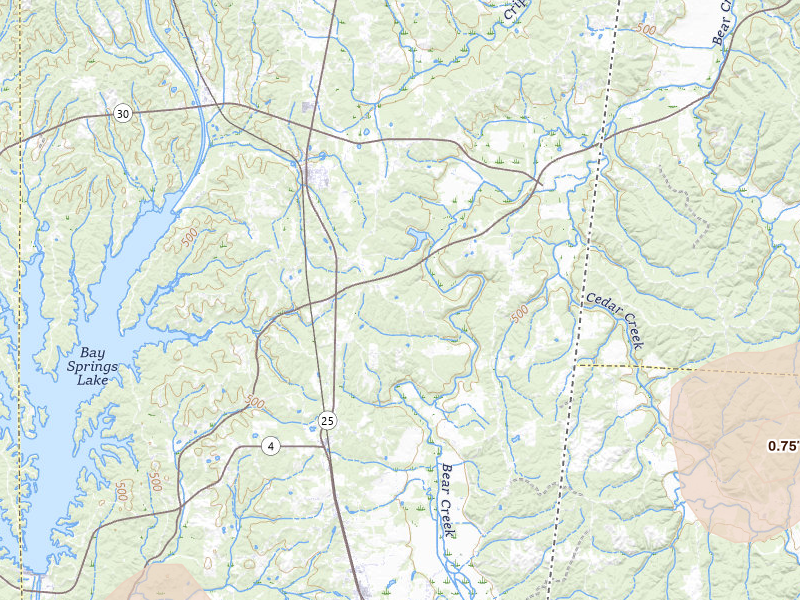 Radar-estimated hail-size map of the storm over Dennis, MS on Jul 1, 2026