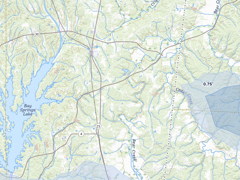 NEXRAD radar-signature map of the hail storm over Dennis, MS on Jul 1, 2026