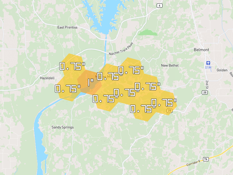 Hail map of Dennis, MS on Jul 1, 2026, hail up to 1"